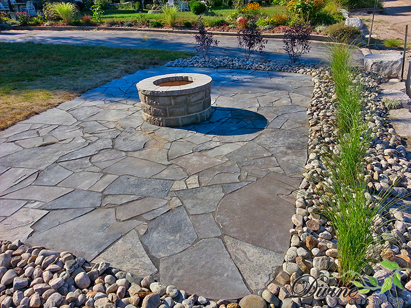 Random flagstone and custom stone fire pit